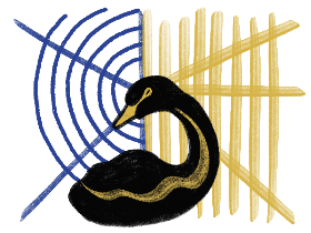 A black swan against a brushstrokes of yellow and blue