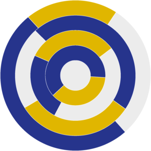 Five concentric circles consisting of white, gold, and blue segments