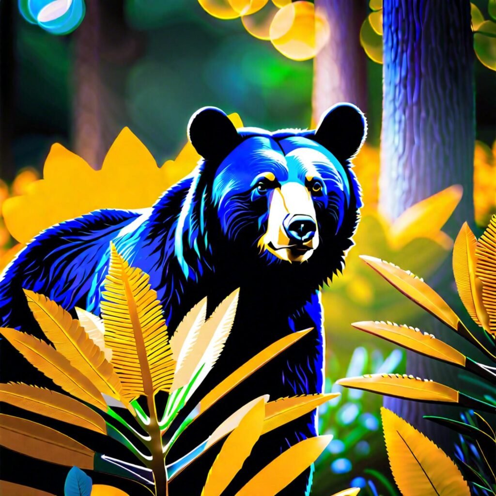 Digital illustration of a bear looking out from a forest, using a false colour palette of blue, orange, and green