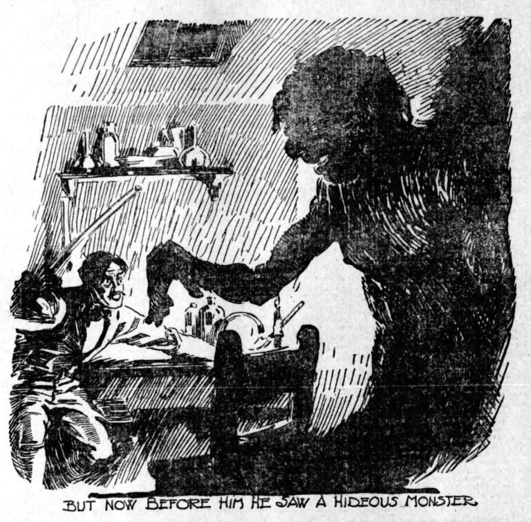 Drawn image in black and white of a man holding a candle looking frightened at a large person-shaped shadow