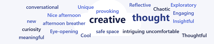 a word cloud of attendees description of our positionality workshop. The largest words read creative and thought