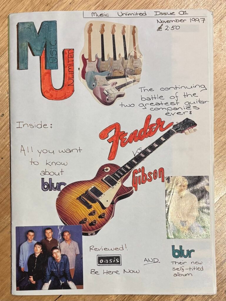 Handmade magazine cover with cut outs of guitars and handwritten text